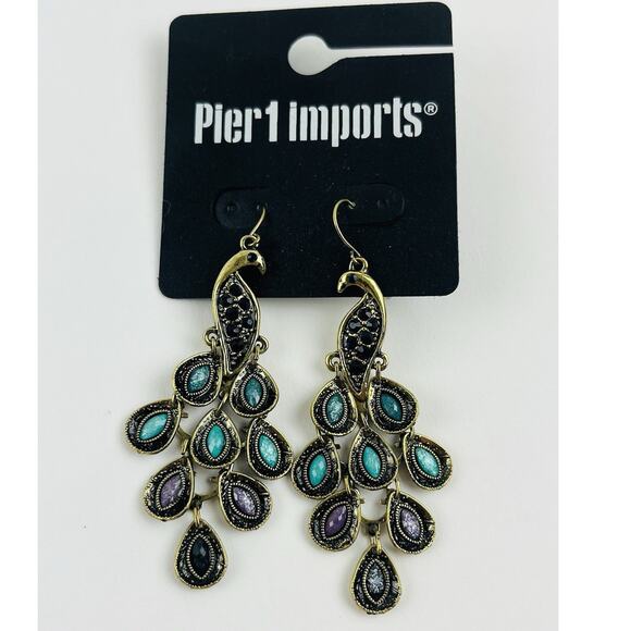 Pier 1 Imports Jewelry - Pier 1 Peacock Dangle Earrings Brass tone Green Purple Blue Feathers Bird Cluste